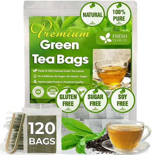 FreshDrinkUS, Premium 120 Green Tea Bags, 100% Natural & Pure from Green Tea. Green Herbal Tea. Made with Natural Material Tea Bags. No Sugar, No Gluten, Vegan