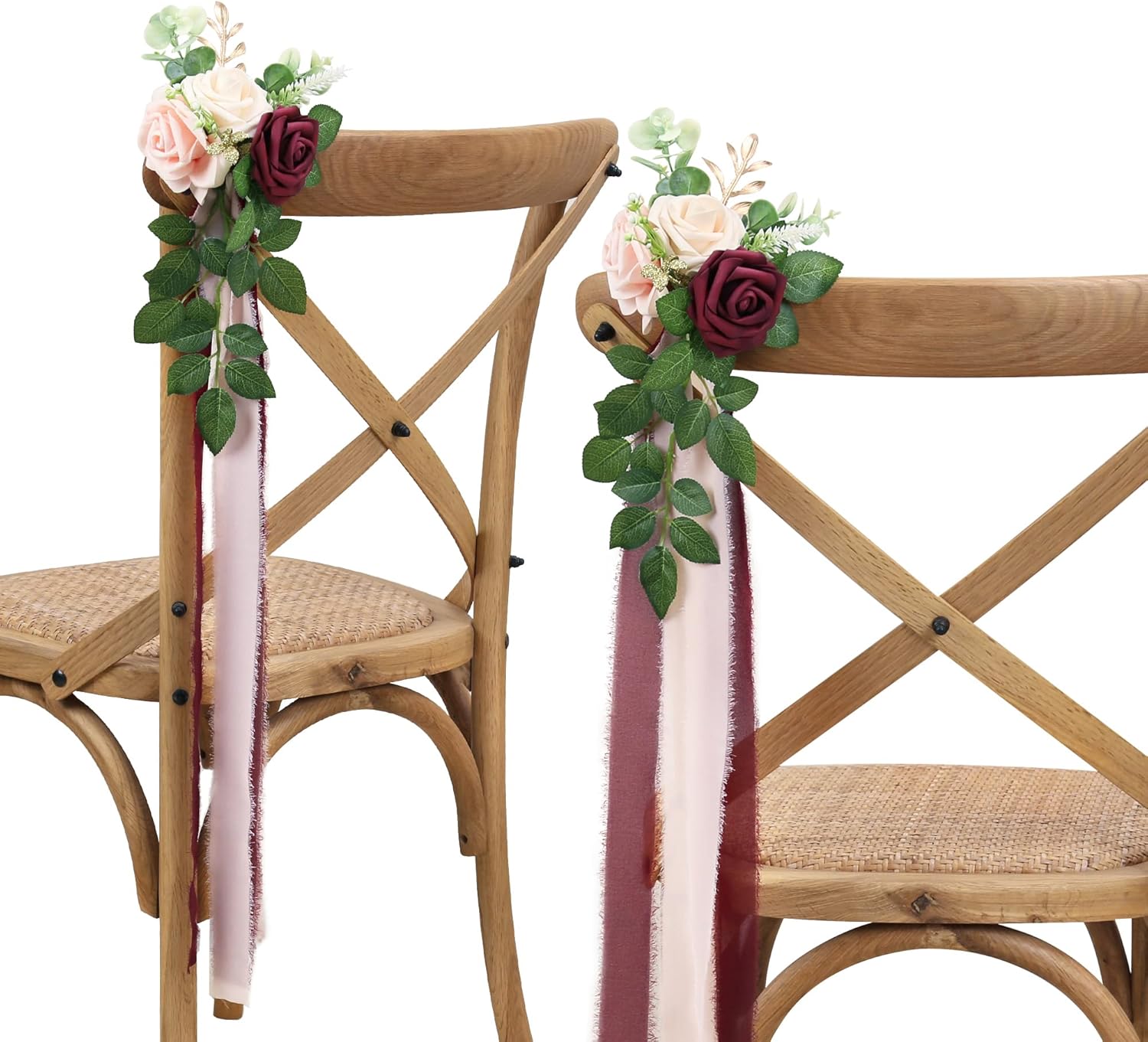 Wedding Aisle Decorations for Wedding Ceremony Set of 10 Pew Flowers for Church Chair Decorations Party Decor with Artificial Flowers Eucalyptus and Ribbons Burgundy