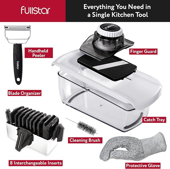 Fullstar Mandoline Slicer for Kitchen, Fruit Cutter, Cheese Grater, Cucumber Slicer, Veggie Spiralizer, Food Cutter & Kitchen Gadgets with Safety Glove (9 in 1, White)