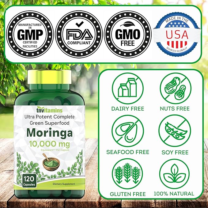 Moringa Capsules 10,000 mg - 120 Capsules | Pure Moringa Oleifera Leaf Powder Supplement | Powerful Green Superfood | Super Greens Powder Pills | Non-GMO, Made in The USA!
