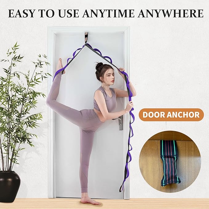 Stretching Strap Yoga Strap, 10 Loops Non-Elastic Stretch Bands Helps Women and Men Improve Flexibility for Home Workout, Physical Therapy, Pilates, Exercise, Dance, Comes with Door Anchor