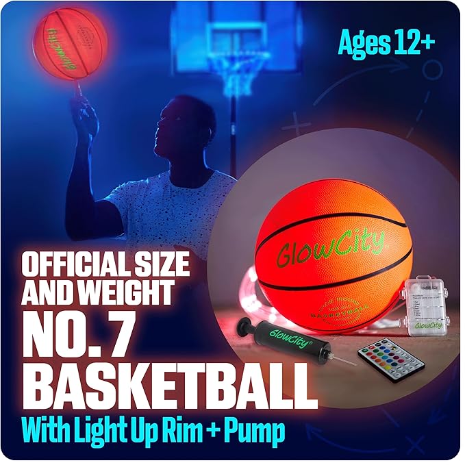 GlowCity Glow in The Dark Basketball for Teen Boy - Glowing Red Basket Ball, Light Up LED Toy for Night Ball Games - Sports Stuff & Gadgets for Kids Age 8 Years Old and Up. Great Gift for Boys & Girls