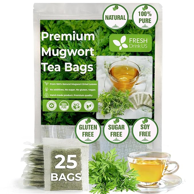FreshDrinkUS, Premium 25 Mugwort Leaf Tea Bags, 100% Natural and Pure Mugwort Leaves. Loose Leaf Mugwort Herbal Tea. Mugwort Leaf Tea. No Sugar, No Caffeine, No Gluten, Vegan. (25 Tea Bags)
