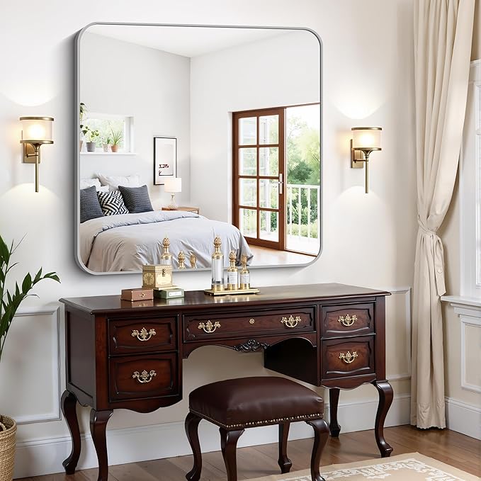 FORBATH 42x42 Inch Silver Bathroom Mirror for Over Sink, Large Square Wall Mirror with Metal Frame, Rounded Corners for Bathroom, Bedroom, Entryway Decor (Horizontal or Vertical)