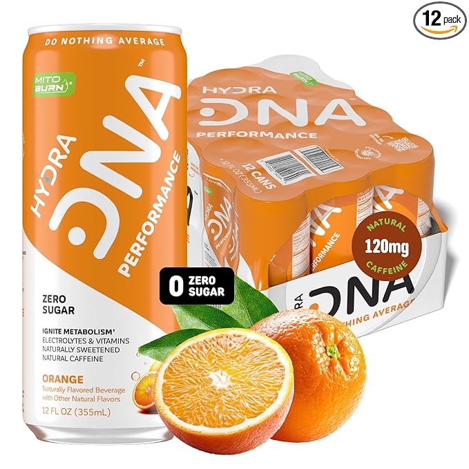 HYDRADNA- Clean Performance Drink, Zero Sugar | For Natural Fuel, Alertness, Boost, Stamina,120 mg Organic Caffeine, Natural Flavors, Zero Sucralose, Clean Ingredients (12 Pack) (12 Pack, Orange)
