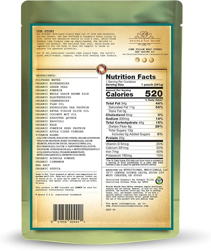 Functional Formularies Nourish Berry Medley Peptide Formula, Organic Tube Feeding Formula and Nutritional Meal Replacement Supplement, 12 Oz Pouch, Pack of 24