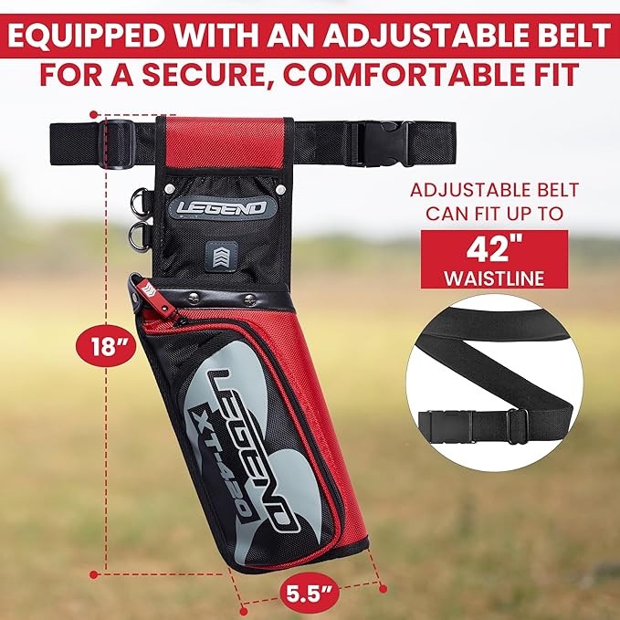 Legend XT420 Field Quiver - Left or Right-Handed Quiver Arrow Holder, Archery Quiver with 3 Arrow Tube, Durable Nylon Hip Quivers with Multiple Pockets for Archery Accessories, Score Card & Tools