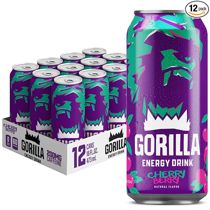 Gorilla Energy Drink, Cherry Berry, 200mg Natural Caffeine, Real Fruit Juice Squeezed & Concentrated, L-Theanine, Taurine, Ginseng, Acetyl L-Carnitine, No Added Sugar and No Artificial Colors, 12 Pack