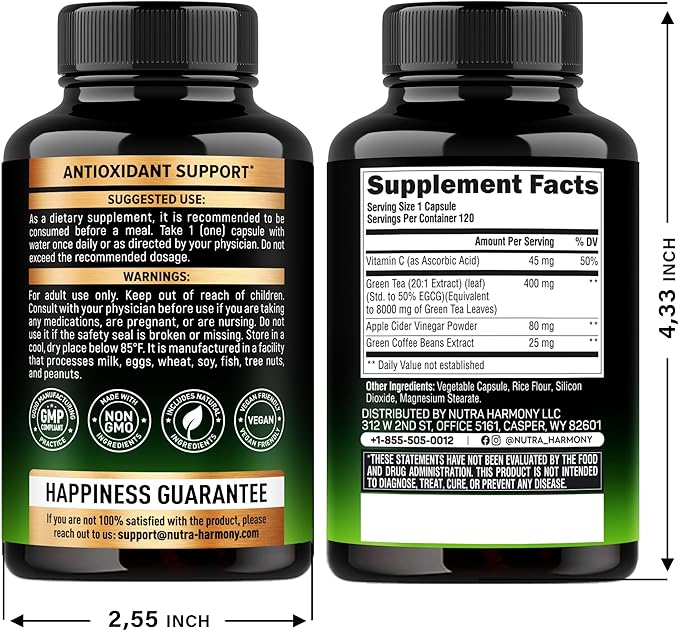 Green Tea Extract Capsules with Green Coffee Beans & Apple Cider Vinegar - Energy & Metabolism Support - Green Tea Supplement 50% EGCG - 20:1 Natural Extract - for Men & Women - 120 Vegan Capsules