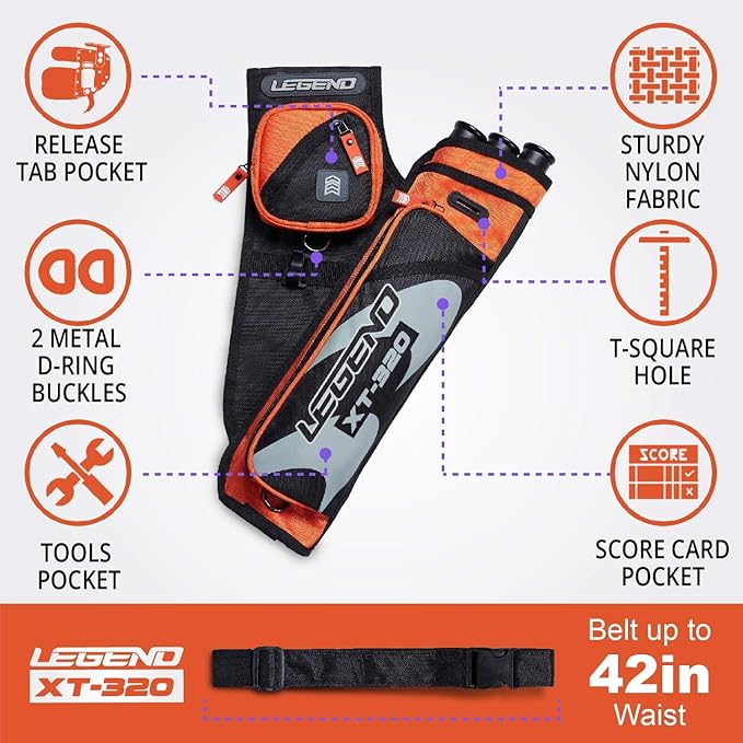 LEGEND XT320 Archery Quivers - Nylon Hip Quivers with 3 Arrow Tube Cases for Target Shooting - Adjustable Waist Belt, T-Slot, Storage Compartments for Accessories, Gear, Tools, Release Tab, Score Card