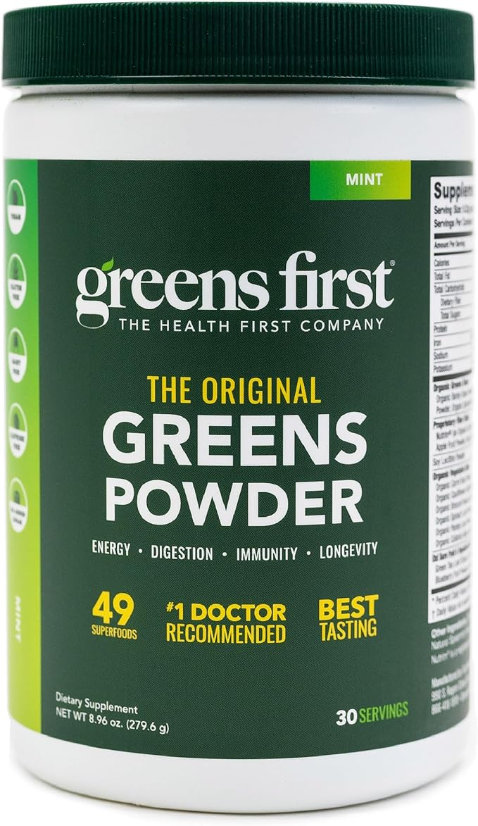 Greens First Original Greens Powder - 49 Superfoods - Organic Fruits & Veggies - Prebiotics, Probiotics & Digestive Enzymes - Antioxidant Smoothie - Dairy Free, Vegan & Non-GMO (Mint, 30 Servings)
