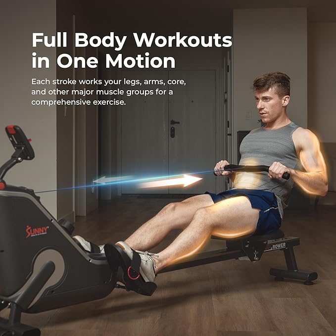 Sunny Health & Fitness Flip & Foldable Rowing Machine for Home w/Extended Slide Rail, Full-Body Workout, Low-Impact, Optional Extra Long Rail, Quiet Rail Cover, Water Motion and Free SunnyFit App