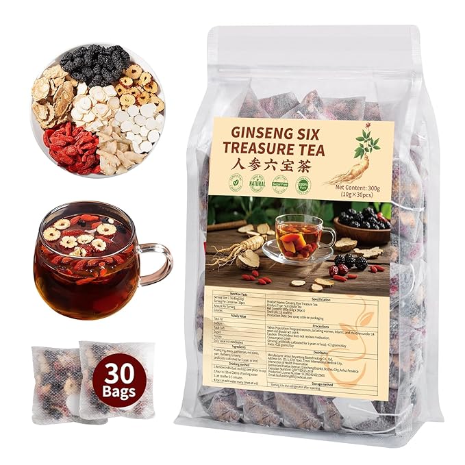 Kidney Tea Formula Ginseng Six Treasure Tea - Natural Chinese Traditional Herbal Ginseng Five Treasures Kidney Detox Cleanse Teabag For Men Women (30 Bags/1 Pack)