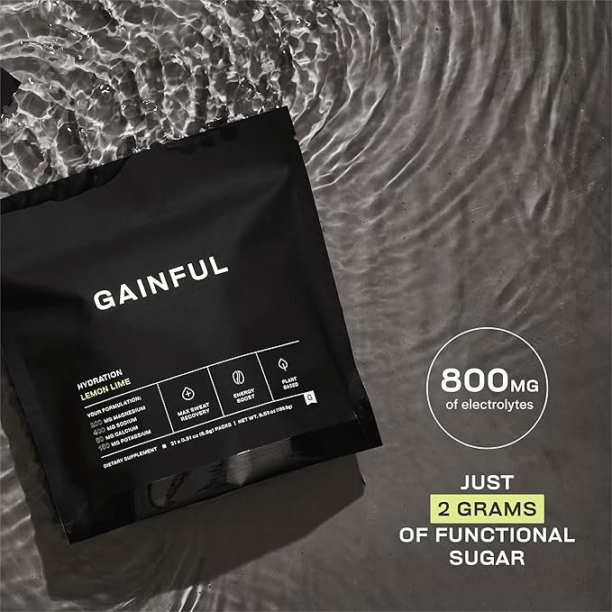 Gainful Hydration Powder Packets, Caffeine Free with Key Electrolytes Magnesium and Sodium, Energy Support, Low Sugar, Lemon Lime, 21 Sticks