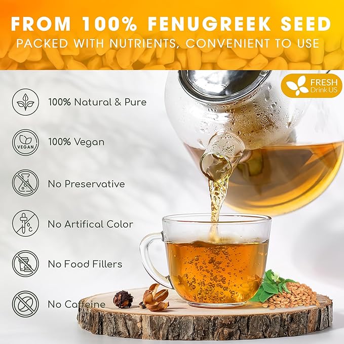 FreshDrinkUS, Premium 55 Fenugreek Tea Bags, 100% Natural & Pure from Fenugreek. Fenugreek Herbal Tea. Made with Natural Material Tea Bags. No Sugar, No Caffeine, No Gluten, Vegan.