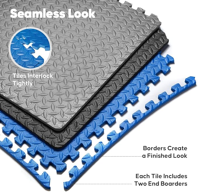 Home Gym Mat, Puzzle Exercise Mat, of EVA Interlocking Foam Floor Tiles for Home Workout Equipment and Kids' Play Areas - Blue, 24 in x 24 in x ½ in - 16 Tiles (Blue, 16 Pack 64 sq ft)