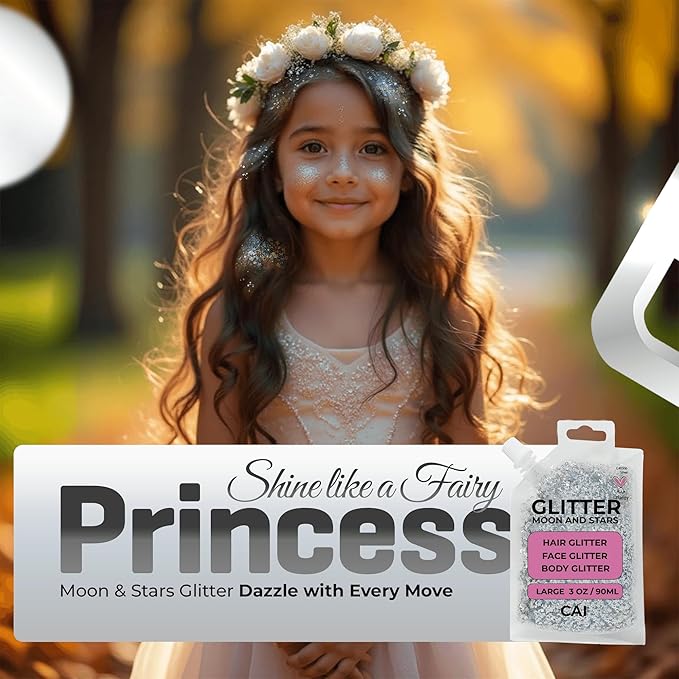 Hair Glitter Gel – Body Glitter for Kids and Women – Iridescent Holograph Cosmetic-Grade Gel w/Moon & Stars for Hair, Body & Face, Applies Smoothly w/o Glue & Washes Off Easily, 3 Oz - Silver 1Pack