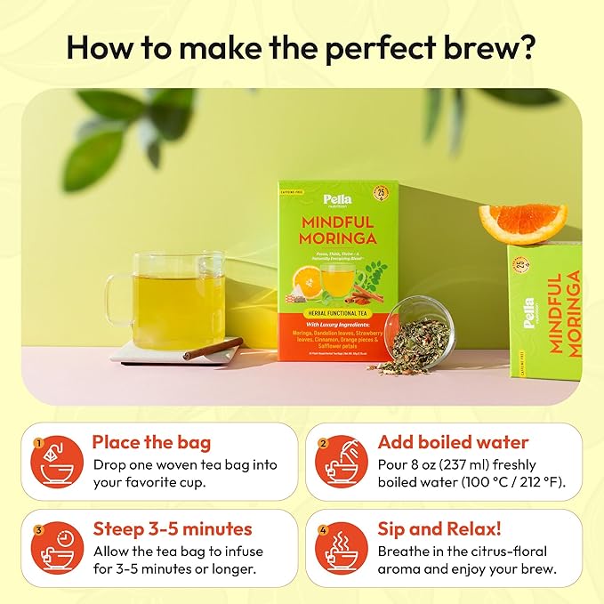 Moringa and Dandelion Tea – With Orange, Cinnamon, Strawberry, and Safflower Petals – Gluten-Free, Vegan, Kosher – Caffeine-Free, Healthy Energy Drink – Herbal Blend for Focus & Wellness (25 Tea Bags)