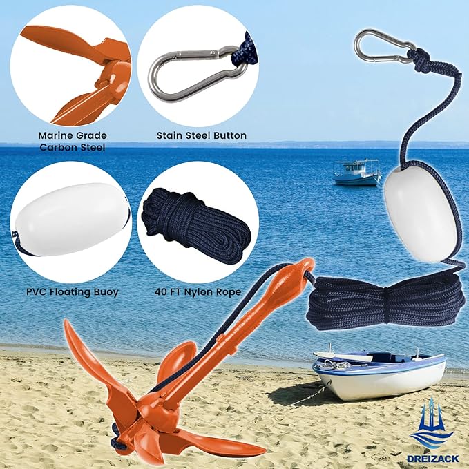 Dreizack Kayak Anchor Kit, 3.5 lb Folding Grapnel Boat Anchor Trolley Accessories with 40ft Rope and PVC Buoy for Fishing Kayaks SUP Paddle Boards Canoes Jet Ski PWC Inflatable Small Boats