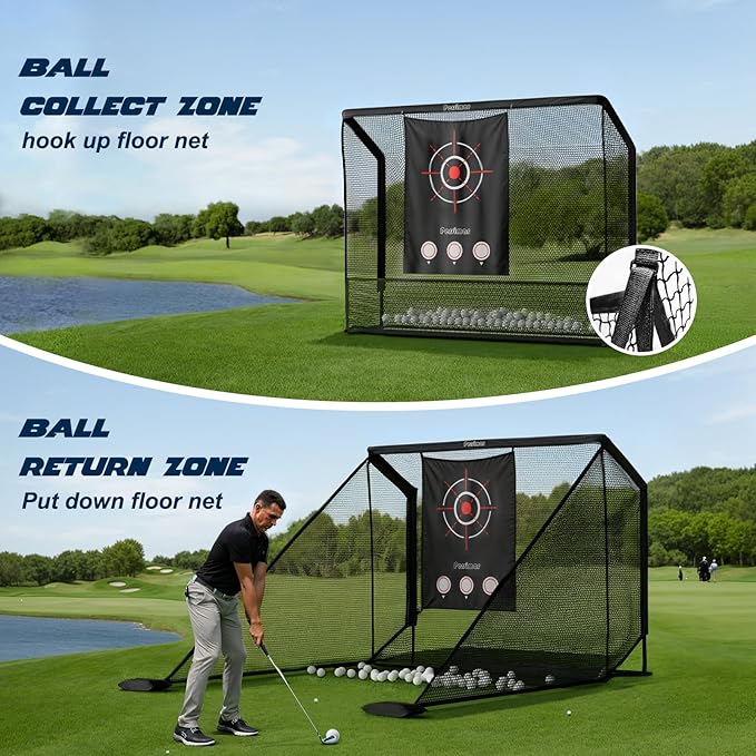 Golf Cage Practice Hitting Net,10x7ft Heavy Steel Frame with 2 Net Side Barriers,for Backyard Driving Chipping Swing Training, Home Range for Indoor& Outdoor.