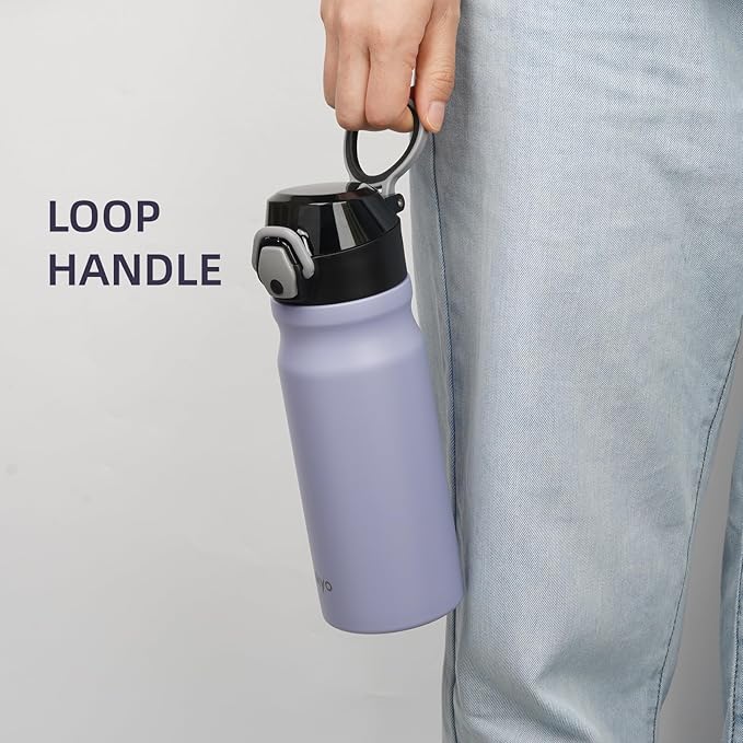 Insulated Water Bottle with Straw and Carry Loop,18 oz Stainless Steel Double Wall Vaccum Metal Water Flask with Leak-proof Lid,Light Purple