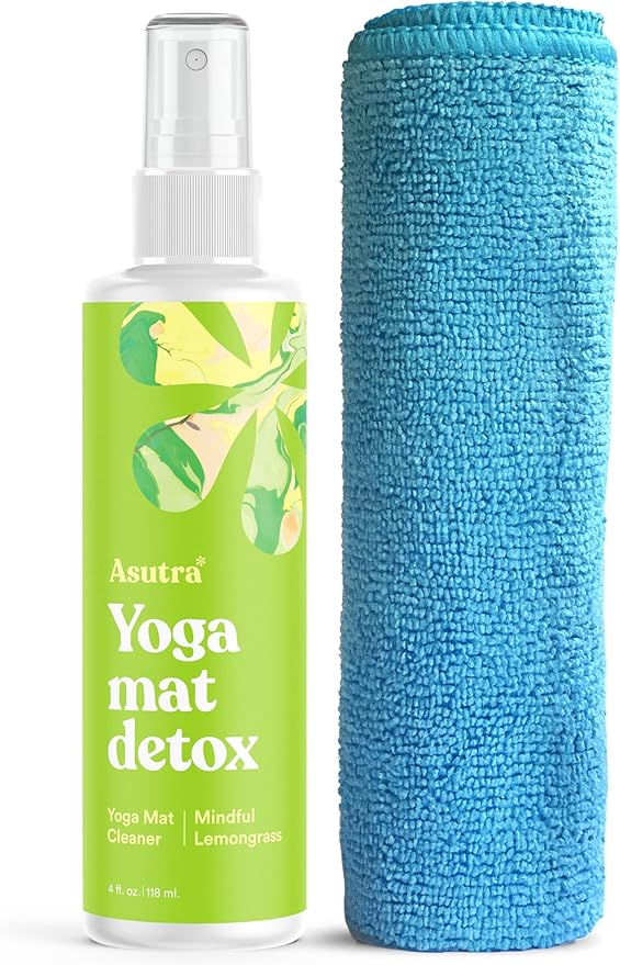ASUTRA Yoga Mat Cleaner Spray (Mindful Lemongrass), 4 fl oz - No Slippery Residue, Organic Essential Oils Deep-Cleansing for Fitness Gear & Gym Equipment, Microfiber Towel Included