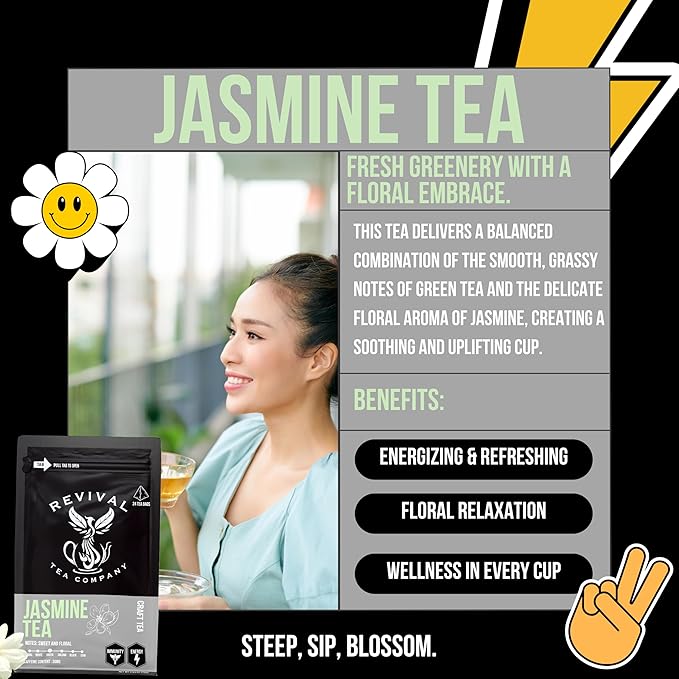Revival Tea Company Jasmine Tea - Green Tea Blend with Jasmine Petals - 24 Tea Bags