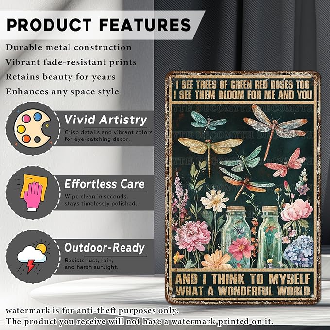 Dragonfly Decor And I Think To Myself What A Wonderful World Vintage Metal Tin Sign Decorative Plaque Poster 12 * 8inch