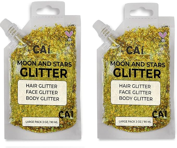 Hair Glitter Gel – Body Glitter for Kids and Women – Iridescent Holograph Cosmetic-Grade Gel w/Moon & Stars for Hair, Body & Face, Applies Smoothly w/o Glue & Washes Off Easily, 3 Oz - Gold 2Pack