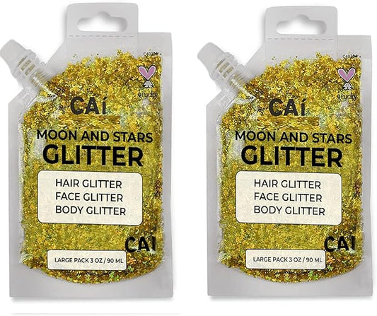 Hair Glitter Gel – Body Glitter for Kids and Women – Iridescent Holograph Cosmetic-Grade Gel w/Moon & Stars for Hair, Body & Face, Applies Smoothly w/o Glue & Washes Off Easily, 3 Oz - Gold 2Pack