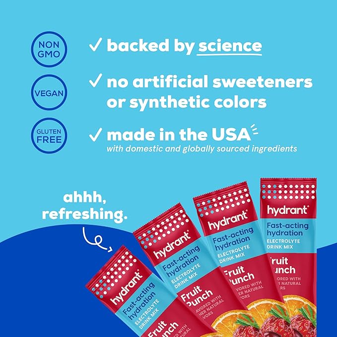 HYDRANT Hydrate, Individual Hydration Electrolyte Powder Stick Packets with No Artificial Sweeteners, Colors, or Fillers (Fruit Punch, 30 Pack)