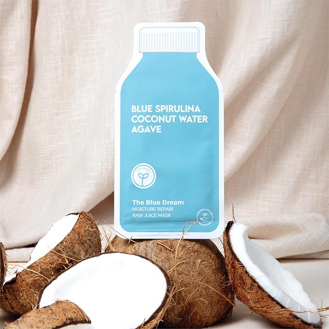 ESW Beauty The Blue Dream - Moisture Repair Raw Juice Face Mask (6-Pack) - Hydrating with Blue Spirulina, Coconut Water & Agave for Dry, Sensitive Skin - Replenishes & Fights Aging