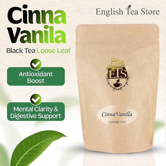English Tea Store Cinna-Vanilla Flavored Black Tea | Loose Leaf Tea Pouches - 4oz Pouch | Warm Cinnamon and Creamy Vanilla Blend | Ceylon Tea Base | Cozy and Aromatic Cup | Serve Hot or Iced