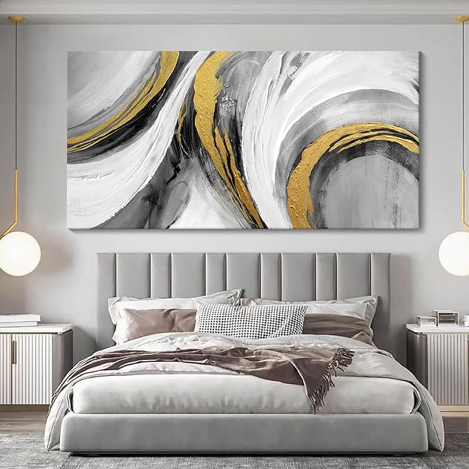 Large Abstract Wall Art - Modern Black White Gold Tones Hand Drawn Textures Ink Graffiti Canvas Painting Artwork for Home Bedroom Living Room Office Hallway Bed Above Decor 29"X58"
