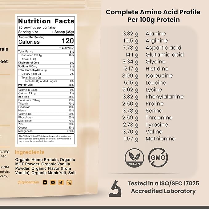 Organic Hemp Protein, Vegan Protein Powder, Clean Plant Based Protein Powder, Non Dairy Protein, Lactose Free Natural Protein, Gluten Free- 20 Servings, Vanilla