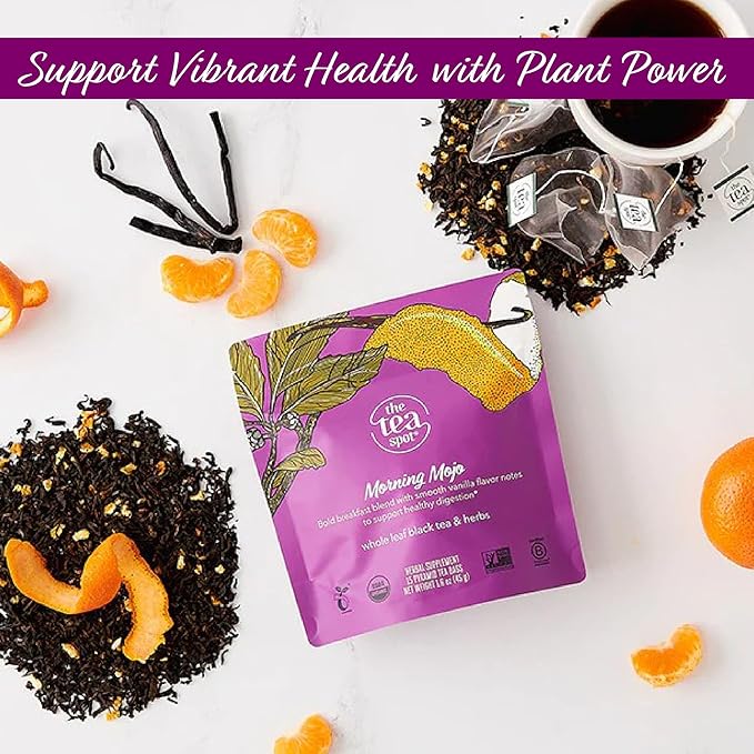 The Tea Spot Organic Morning Mojo Black Tea with Vanilla and Citrus for Energy | Breakfast Blend of Pu'erh Tea, Black Tea, Orange Peel and Vanilla Flavor | 15 Tea Bags