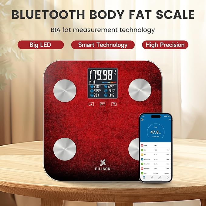 EILISON Highly Advance 2-in-1 Digital & Analog Weighing Scale for Body Weight-400lbs, 4 High Precison GX Sensor Accurate, Thick Tempered Glass, Extra Large Display (red) (Smart Red)