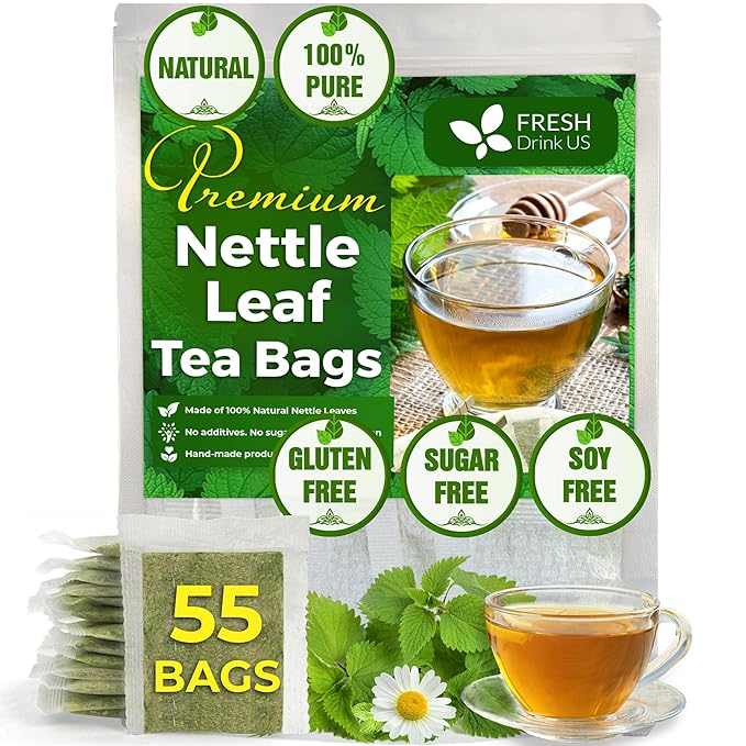 FreshDrinkUS, 55 Nettle Leaf Tea Bags, 100% Natural & Pure from Nettle Leaves. Loose Leaf Nettle Herbal Tea. Nettle Leaf Tea. No Sugar, No Caffeine, No Gluten, Vegan.