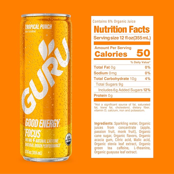 GURU PUNCH Organic Energy Drinks Variety Pack, Clean Energy Drink with Plant Based Natural Caffeine from Green Tea + Focus w/L-Theanine, Gluten Free, 140mg Caffeine, Healthy Drinks, 12oz (Pack of 12)