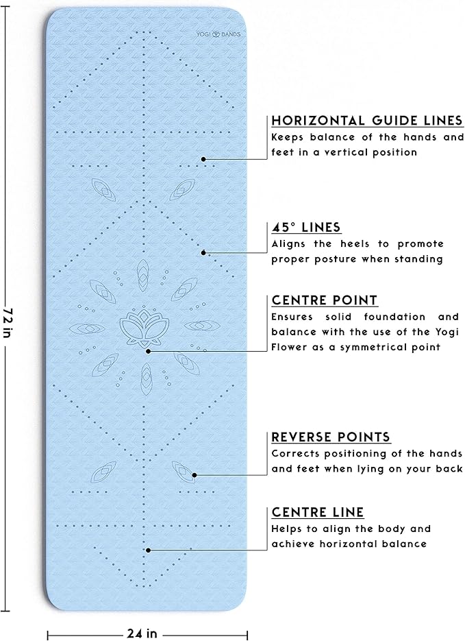 Premium TPE Yoga Mat - Body Alignment Guide Lines and Non-Slip Grip - Perfect for Home Exercise and Gym Workout - Light, Portable, Compact - Travel-Friendly Shoulder Strap