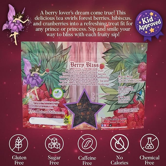 Bellasia Tea Berry Bliss for Kids Using Real Fruit Pieces - Caffeine Free Herbal Tea Blend with Real Ingredients & Balanced Flavor- Add Loose Leaf Tea to Your Child’s Routine for A Fun & Tasty Drink. 20-25 cups
