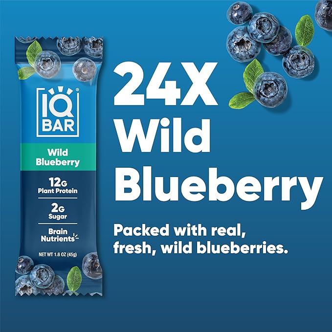 IQBAR Brain and Body Plant Protein Bars - Wild Blueberry - 24-Count Low Carb - Gluten Free, High Fiber, Vegan Snacks - Low Sugar Meal Replacement