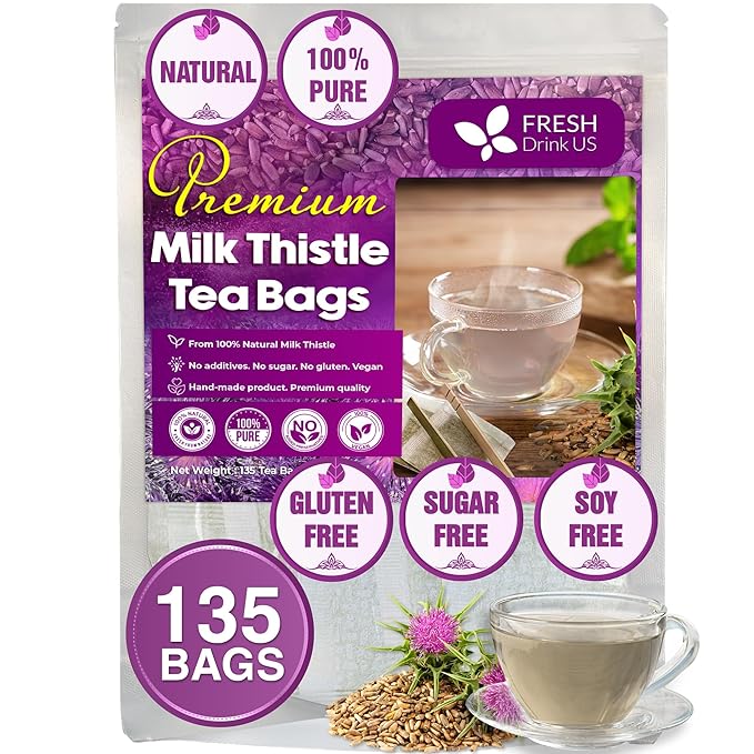 FreshDrinkUS, Premium 135 Milk Thistle Tea Bags, 100% Natural & Pure from Milk Thistle Seeds. Milk Thistle Seed Herbal Tea. Made with Natural Material Tea Bags. No Sugar, No Caffeine, No Gluten, Vegan.