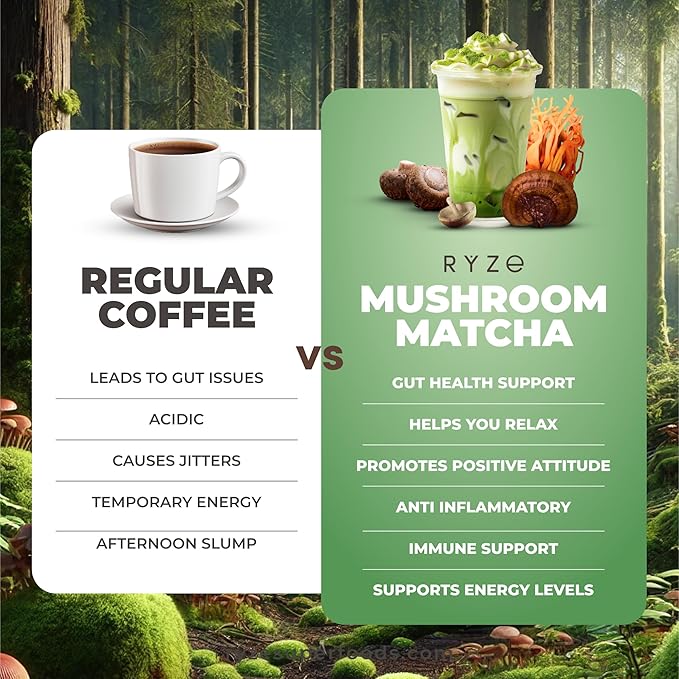 RYZE SUPERFOODS Mushroom Matcha Starter Kit, USDA Organic with 6 Adaptogenic Mushrooms and Ceremonial-Grade Matcha, Energy, Focus, Digestion, Immunity with Turkey Tail, Shiitake, Reishi, 60 servings