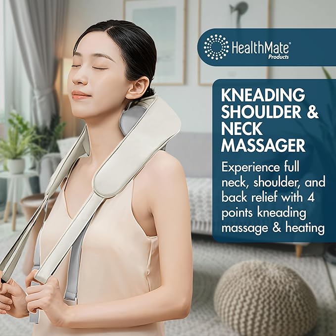 HEALTHMATE IN9532 Kneading Shoulder and Neck Massager for Pain Relief Deep Tissue 6D Shiatsu Neck and Shoulder with Heat Rechargeable Cordless Back Massager for Home, Office, Car Use, Gifts