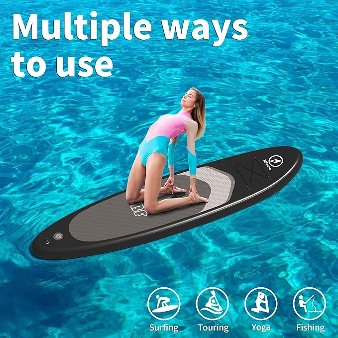 Inflatable Stand Up Paddle Board with SUP Accessories & Backpack. Paddle Boards for Adults. Non-Slip Deck, Wide Stance, Bottom Fin, Double Action Pump.