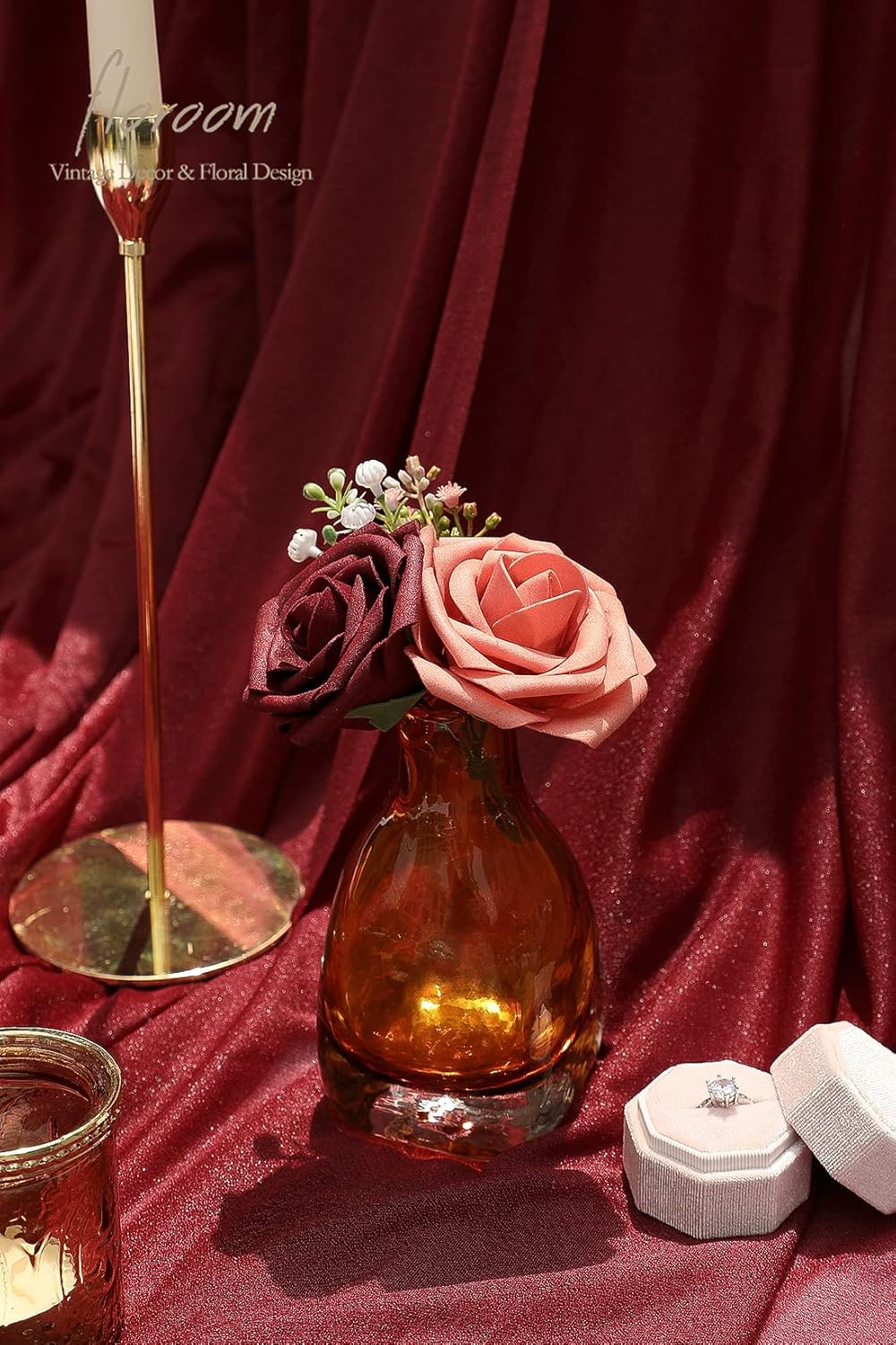 Floroom Artificial Flowers 50pcs Real Looking Burgundy & Pinky Cedar Foam Fake Roses with Stems for DIY Wedding Bouquets Bridal Shower Centerpieces Floral Arrangements Party Tables Home Decorations