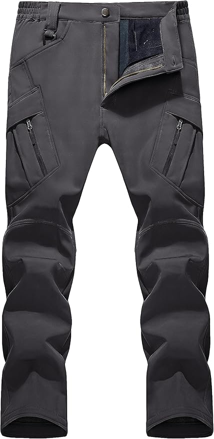 TACVASEN Men's Winter Pants 9 Pockets Fleece Snow Hiking Pants Water-Resistant Warm Softshell Thick Tactical Pants