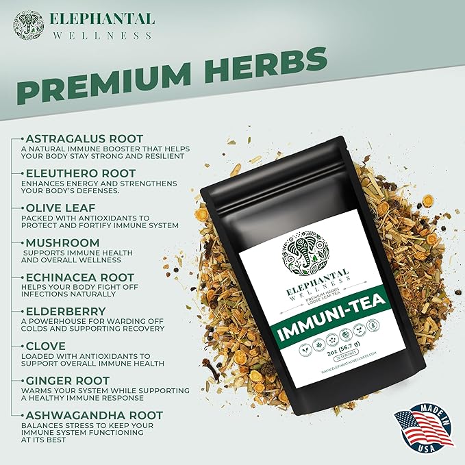 Elephantal Wellness Premium Immuni-Tea | Immune System & Respiratory Support with Reishi, Clove, Echinacea & Elderberry | Handmade, Caffeine-Free, Non-GMO Loose Leaf Blend, 2oz, 20 Servings