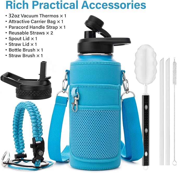 Insulated Water Bottle | Thickened Stainless Steel Vacuum Metal | Portable Sports Water Jug for Gym and Hiking with Straw, Carrier Bag, Handle Strap | BPA-Free 32 oz
